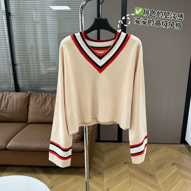 13272928.V领拼色学院风女士针织衫HTKT121G