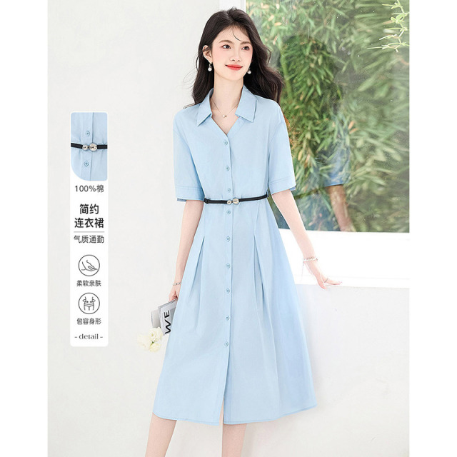 13413720.26夏新款100%棉简约高级感连衣裙衬衫领收腰气质通勤裙