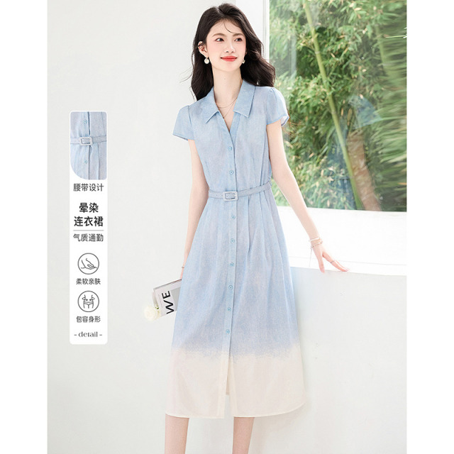 13413697.26夏蓝色渐变亚麻肌理感收腰优雅气质连衣裙