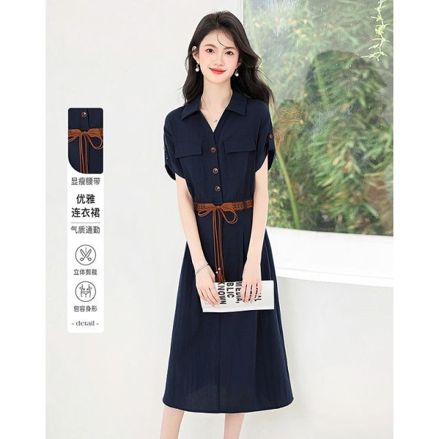 13413627.26夏新款高级感连衣裙衬衫领显瘦编织腰带气质通勤裙