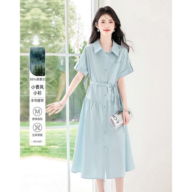 13413677.26夏新款高级感连衣裙莱赛尔衬衫领收腰立体剪裁裙