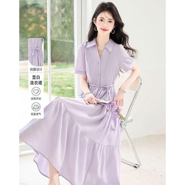 13413975.26夏新款香芋紫显白连衣裙衬衫领收腰系带蛋糕裙气质通勤裙