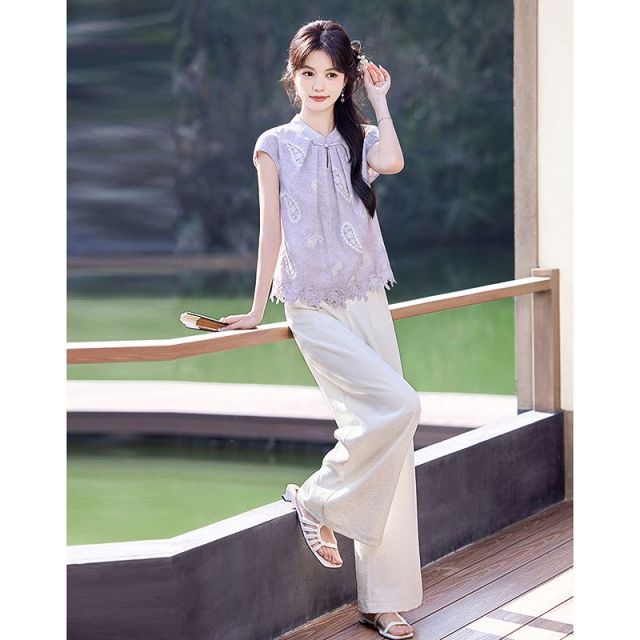 13435091.【26夏日穿搭】设计感小众时尚气质显瘦小个子女式轻国风上衣+裤子套装