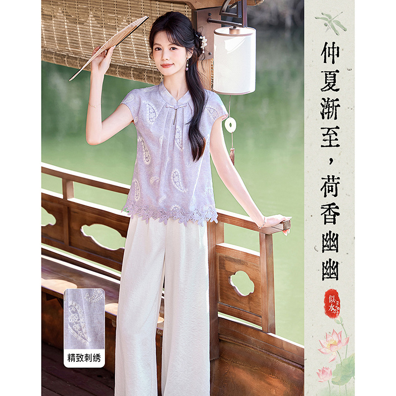 13435091.【26夏日穿搭】设计感小众时尚气质显瘦小个子女式轻国风上衣+裤子套装