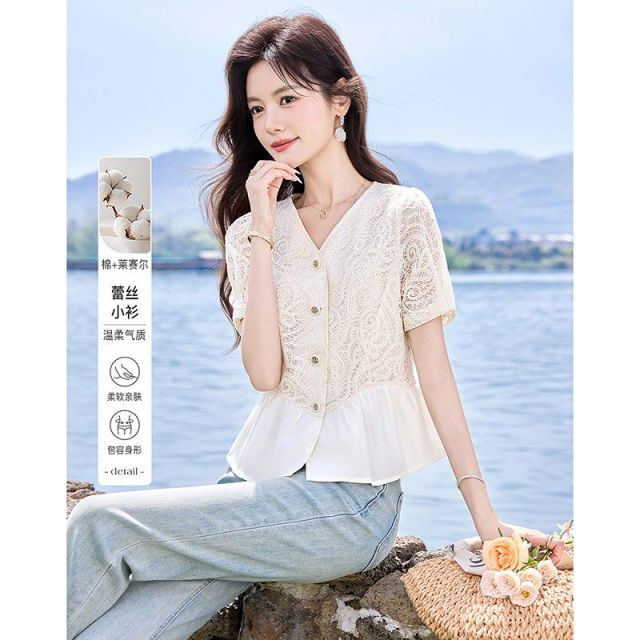 13434175.【26夏日穿搭】设计感小众时尚气质显瘦小个子女式蕾丝小衫衬衫