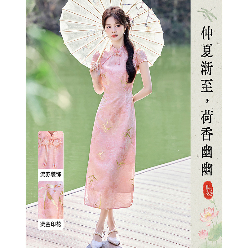 13450417.【26夏日穿搭】设计感小众时尚气质显瘦新中式烫金印花小个子连衣裙