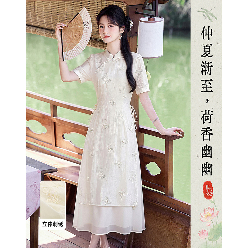 13450114.【26夏日穿搭】设计感小众时尚气质显瘦新中式立体刺绣小个子连衣裙