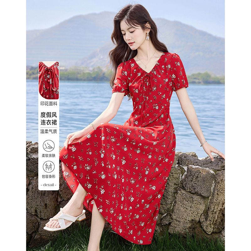 13450024.【26夏日穿搭】设计感小众时尚气质显瘦印花度假风小个子连衣裙