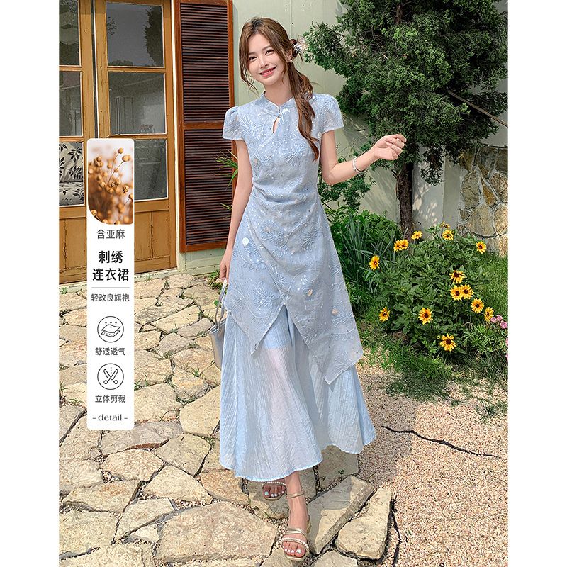13451796.【26夏日穿搭】设计感小众时尚气质显瘦刺绣改良旗袍小个子连衣裙