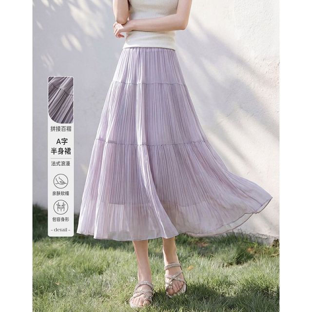 13504461.26夏拼接百褶A字半身裙亲肤软褶设计包容胯部显瘦长裙