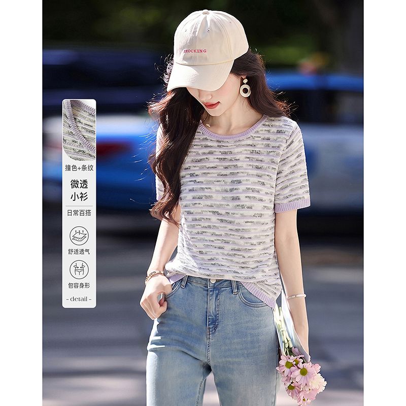 13504993.26夏条纹圆领针织衫撞色包边设计休闲百搭显瘦上衣
