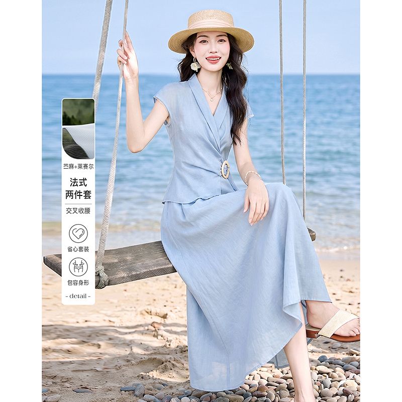 13508515.26夏苎麻莱赛尔法式两件套交叉收腰上衣+A字半裙高级感显瘦套装