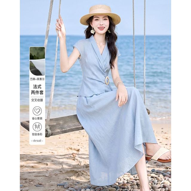13508515.26夏苎麻莱赛尔法式两件套交叉收腰上衣+A字半裙高级感显瘦套装