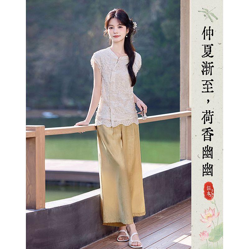 13508289.26夏小个子国风套装短款刺绣上衣+垂感阔腿裤显瘦显高两件套