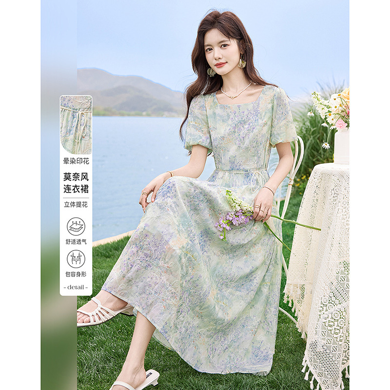 13507431.【26夏日穿搭】设计感小众时尚气质显瘦晕染印花小个子连衣裙