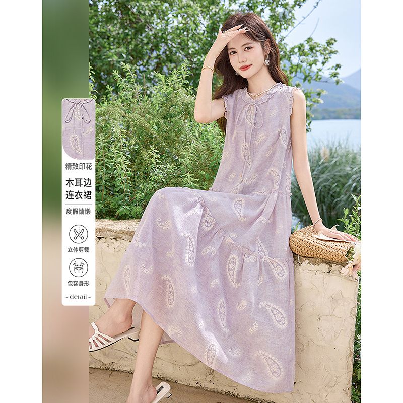 13521098.【26夏日穿搭】设计感小众时尚气质显瘦印花木耳边小个子连衣裙