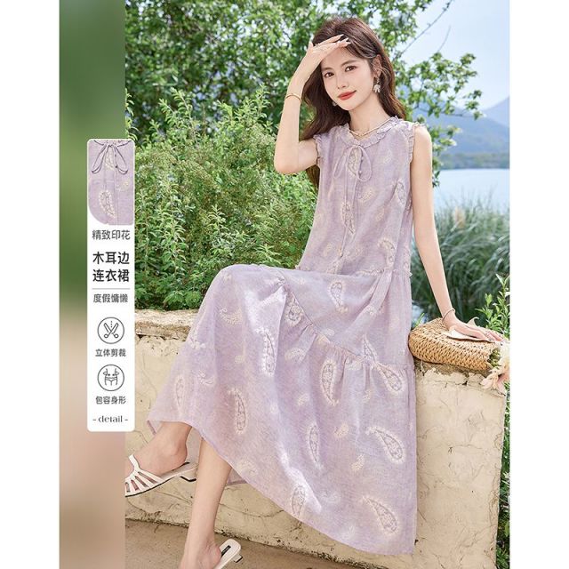 13521098.【26夏日穿搭】设计感小众时尚气质显瘦印花木耳边小个子连衣裙