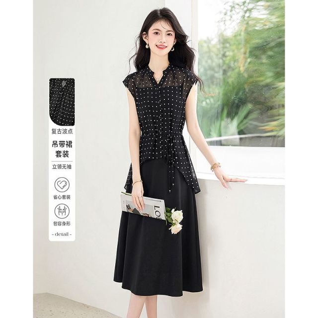 13522915.【26夏日穿搭】设计感小众时尚气质显瘦复古波点上衣+吊带裙小个子套装