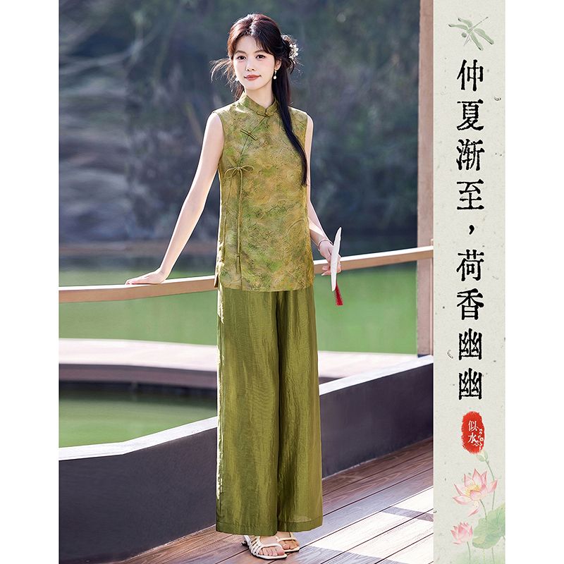 13597848.【26夏日穿搭】设计感小众时尚气质显瘦新中式无袖上衣+裤子套装