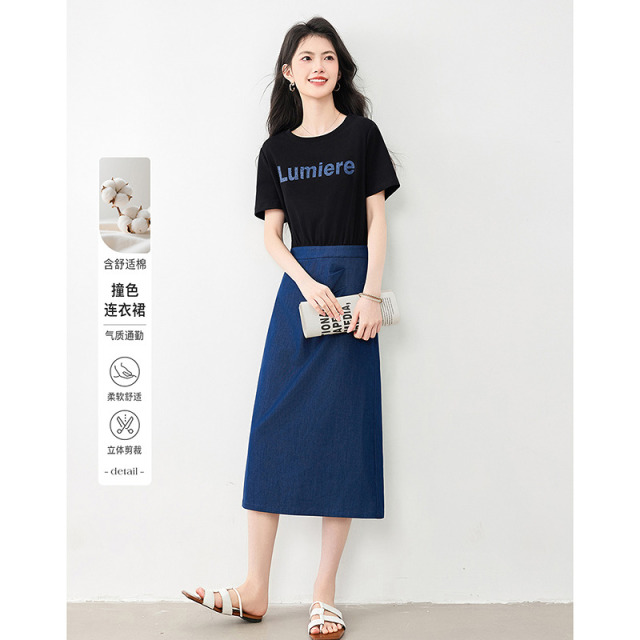 13596259.【26夏日穿搭】设计感小众时尚气质显瘦撞色假两件小个子连衣裙