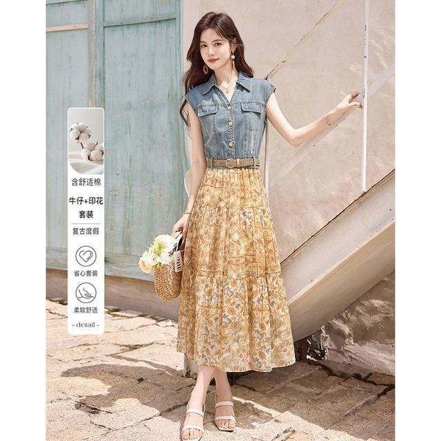 13597886.【26夏日穿搭】设计感小众时尚气质显瘦小个子牛仔上衣+印花上衣女式套装