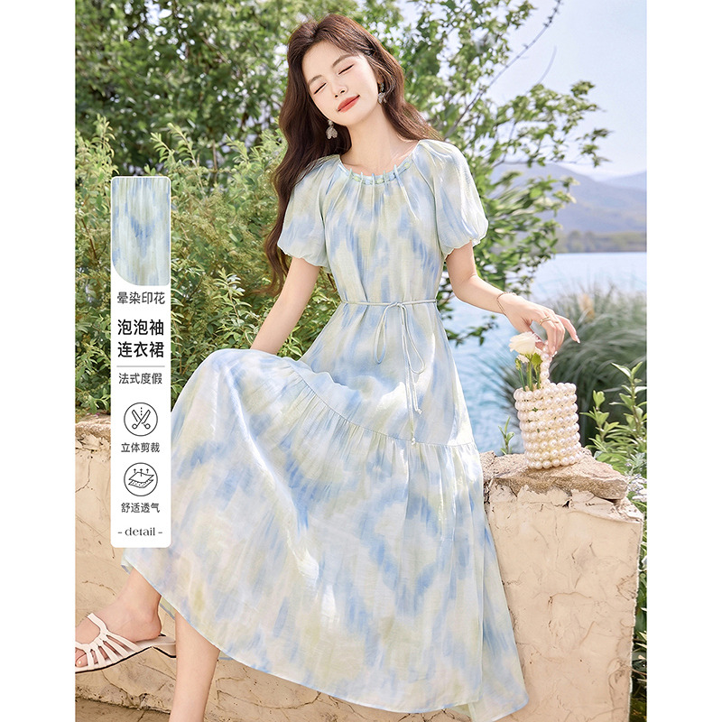 13625080.【26夏日穿搭】设计感小众时尚气质显瘦法式印花晕染小个子连衣裙