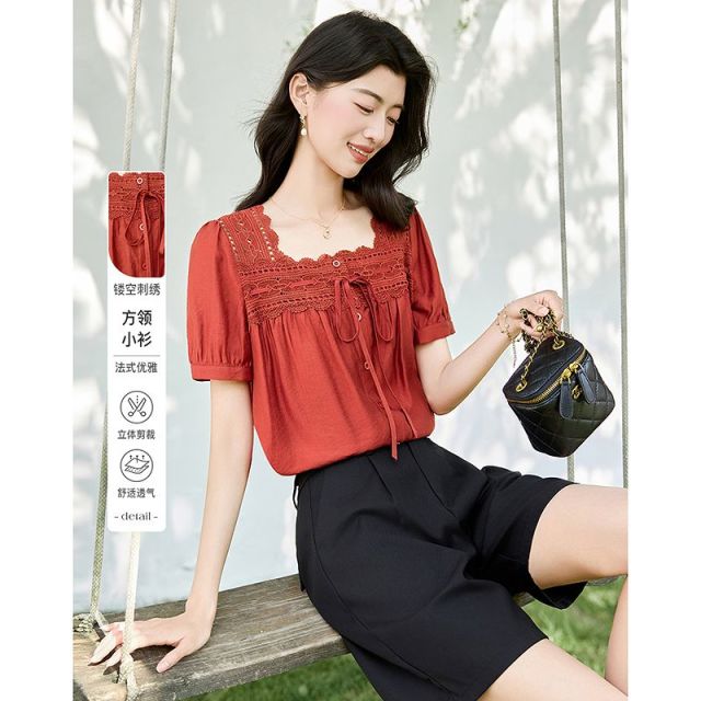 13625558.【26夏日穿搭】设计感小众时尚气质显瘦镂空刺绣衬衫