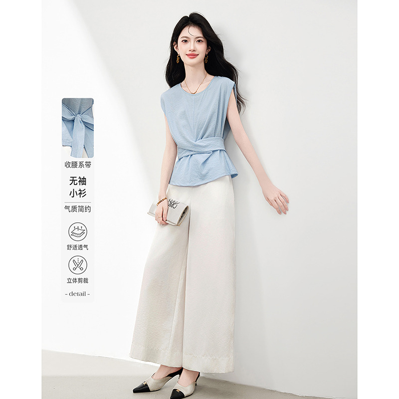 13632516.时尚气质套装蓝色无袖短款上衣阔腿裤两件套