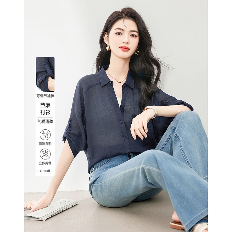 13636240.抽绳短袖衬衫时尚宽松轻薄衬衣女遮肚子显瘦上衣