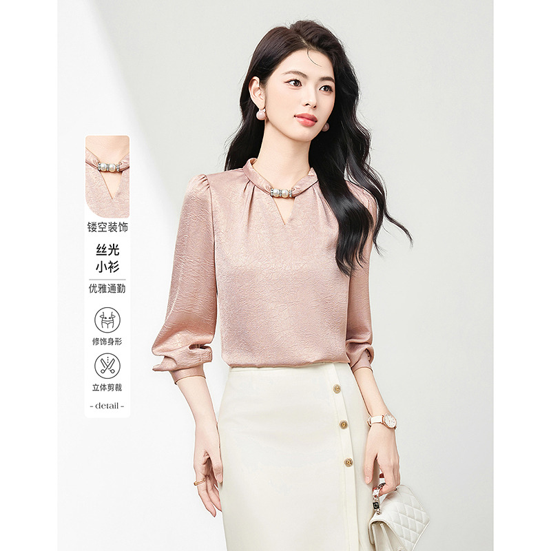 13649474.长袖高端衬衫女垂坠感缎面上衣减龄女士小衫高级感轻奢