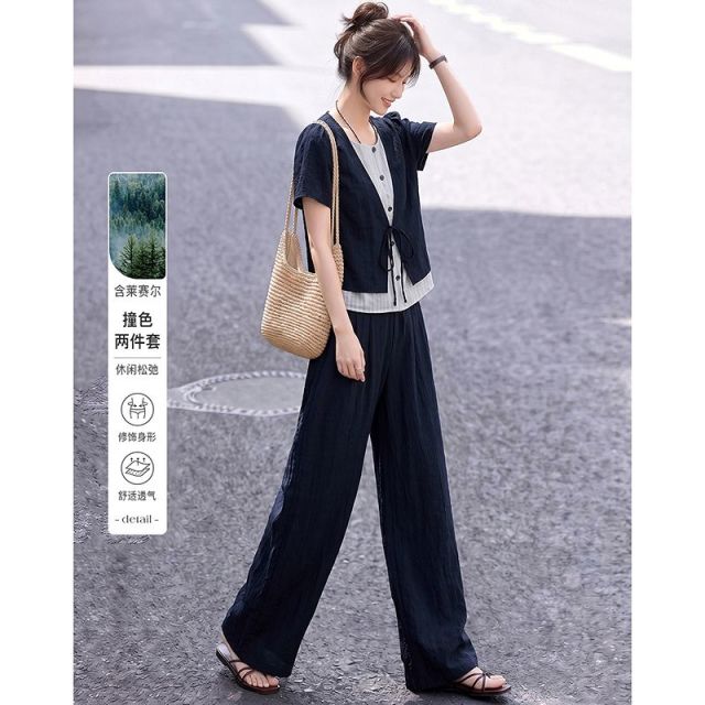 13661674.【26夏日穿搭】设计感小众时尚气质显瘦小个子撞色两件套套装