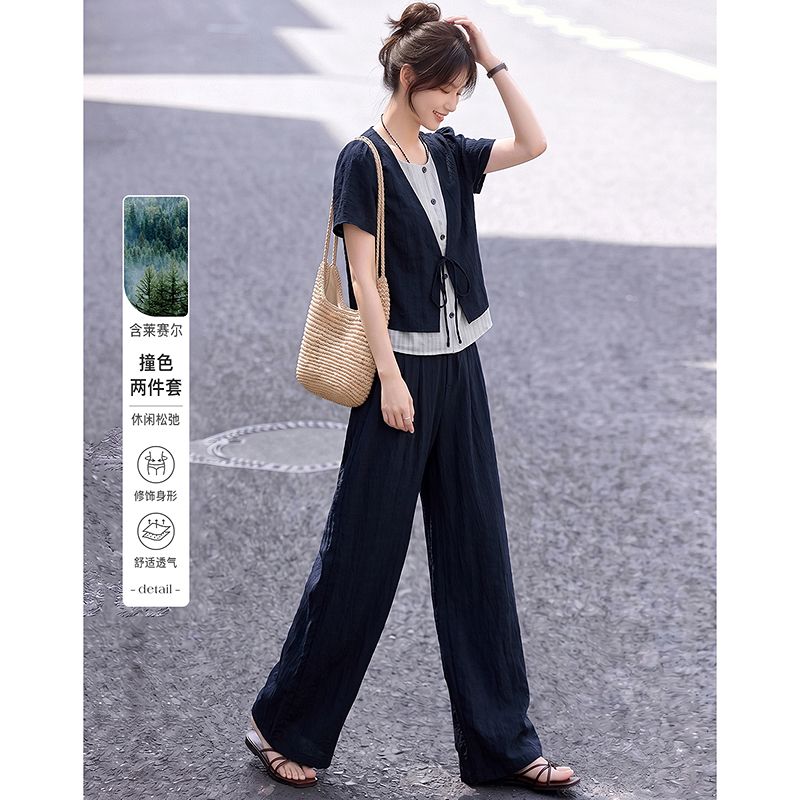 13661674.【26夏日穿搭】设计感小众时尚气质显瘦小个子撞色两件套套装