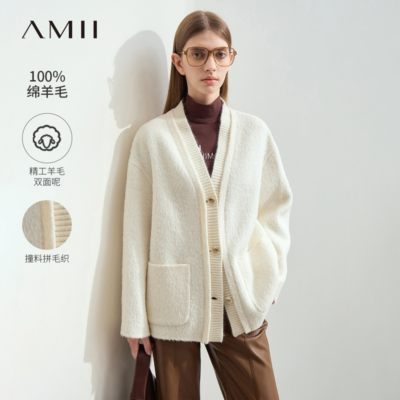 11542675.新款V领落肩袖拼接毛织羊毛双面呢女宽松毛呢外套上衣