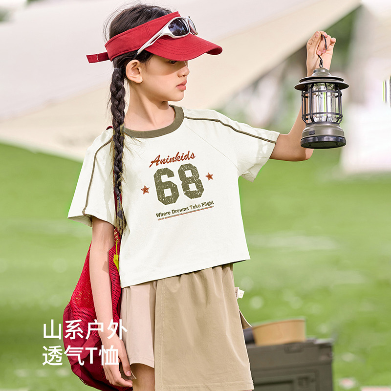 12079234.【户外运动风】男女童t恤儿童夏季运动登山短袖t恤中大童上衣
