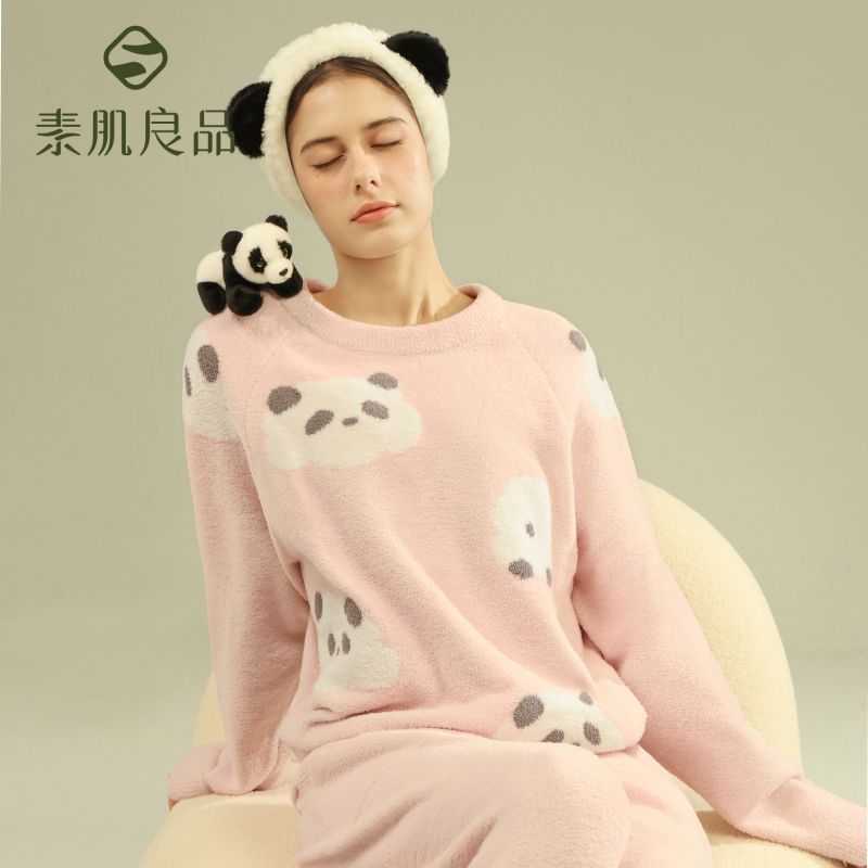 10078116.素肌良品半边绒睡衣女秋冬季加绒加厚情侣套装可外穿男女家居服