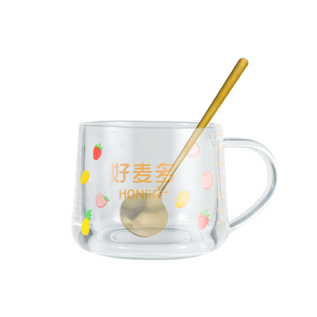 12679125.【49.9元任选5件】好麦多定制玻璃杯勺套装刻度杯饮水杯350ml