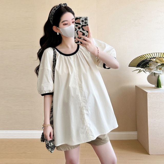 13515809.兔妈纯棉孕妇装新款夏季外穿泡泡袖减龄撞色娃娃衫上衣时尚高级感上装
