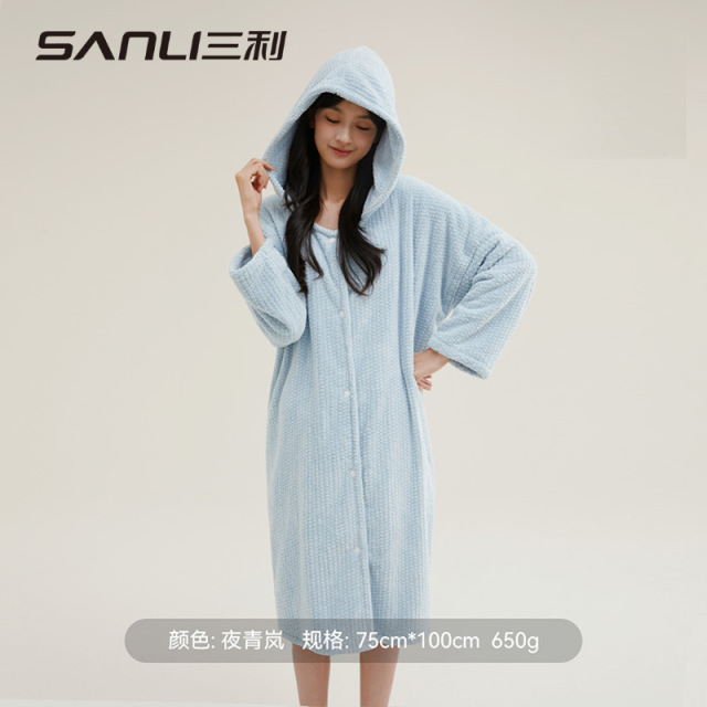 13703847.【三利官方旗舰店】连帽浴袍女可穿可裹睡衣新款比纯棉全棉吸水大人家用裹巾浴衣
