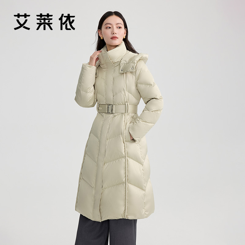 11519956.艾莱依长款气质羽绒服收腰极简系带连帽大衣时尚加厚保暖