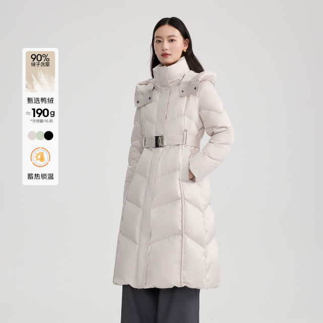 11519771.艾莱依收腰极简系带长款羽绒服连帽气质时尚加厚保暖