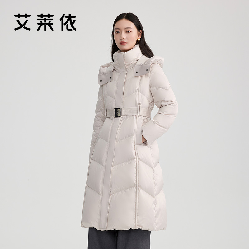 11519771.艾莱依收腰极简系带长款羽绒服连帽气质时尚加厚保暖