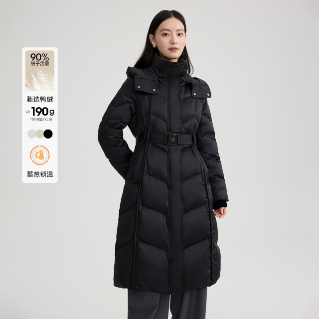 11519771.艾莱依收腰极简系带长款羽绒服连帽气质时尚加厚保暖