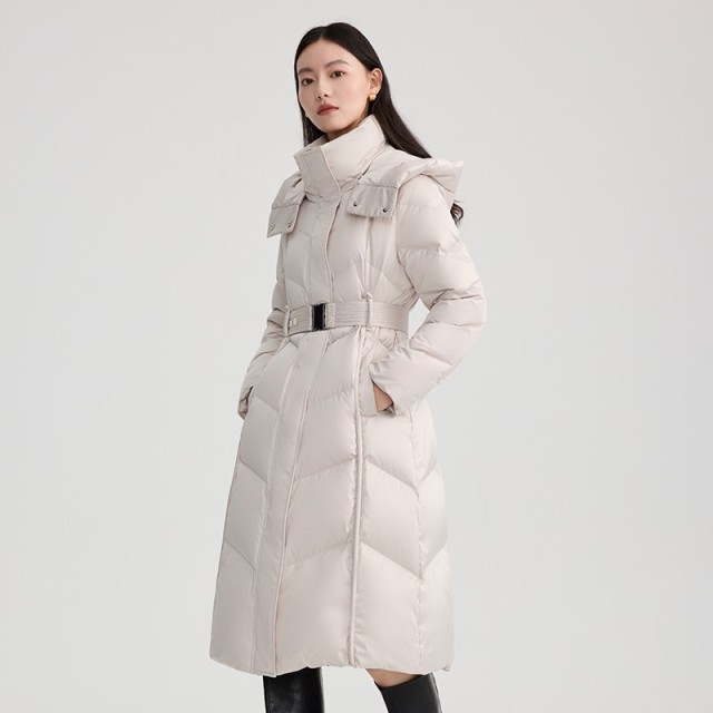 11519956.艾莱依长款气质羽绒服收腰极简系带连帽大衣时尚加厚保暖