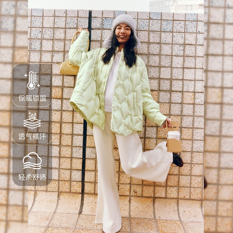 12429562.艾莱依衬衫款羽绒服女士中长款舒适廓形轻薄宽松外套