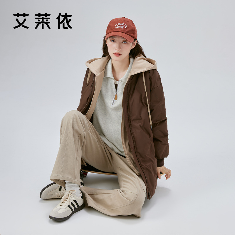 10917421.艾莱依假两件羽绒服连帽宽松时尚保暖棒球服