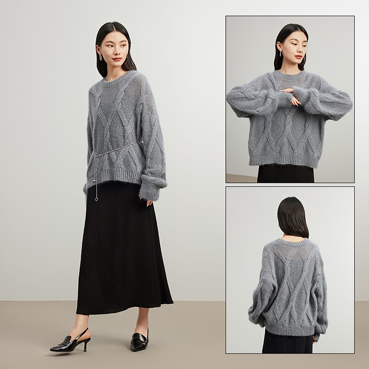 10864910.TKY SHOP灰色圆领马海毛毛衣软糯亲肤毛套衫秋冬保暖时尚百搭宽松