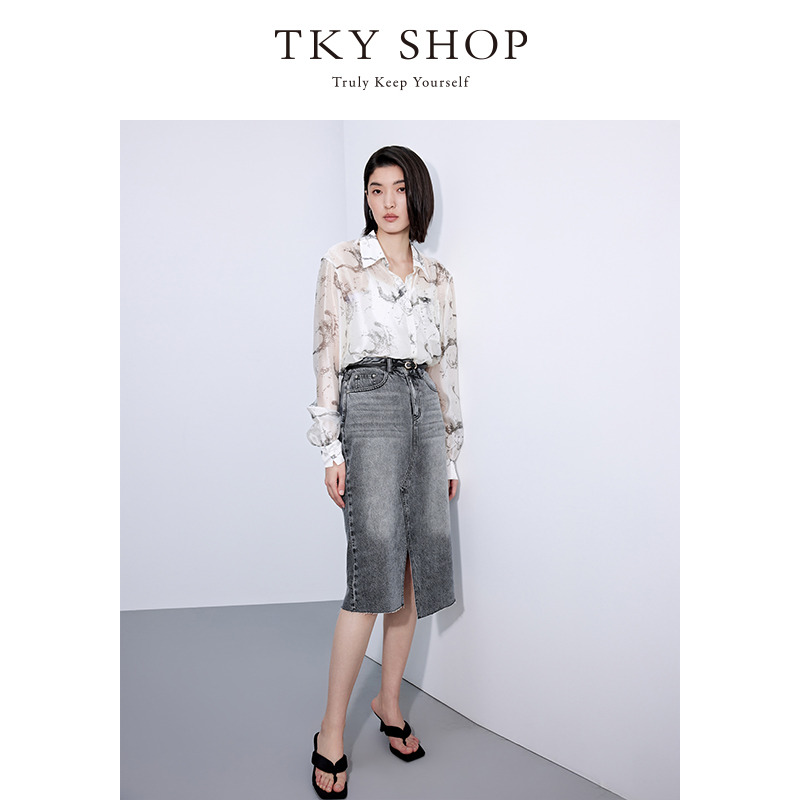 12297778.TKY SHOP不规则开叉牛仔半身裙2025夏季新款高级感中长款直筒裙子