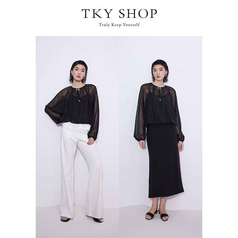 12296073.[100%桑蚕丝]TKY SHOP系带真丝衬衫女2025夏季新款优雅气质薄上衣