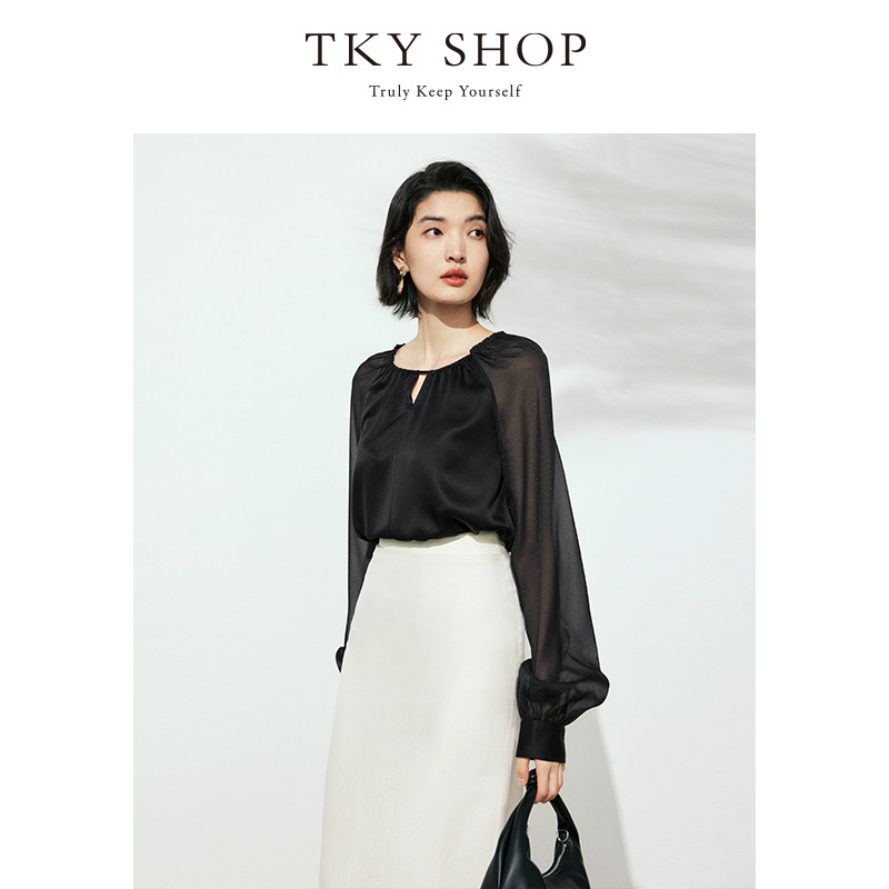 12295837.TKY SHOP奢贵高级感黑色衬衫女2025夏季新款圆领套头薄上衣显瘦