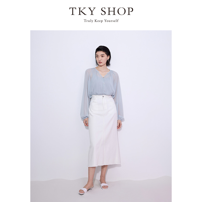 12296089.TKY SHOP法式高级感长袖上衣女2025夏新款蓝色轻薄透气衬衫